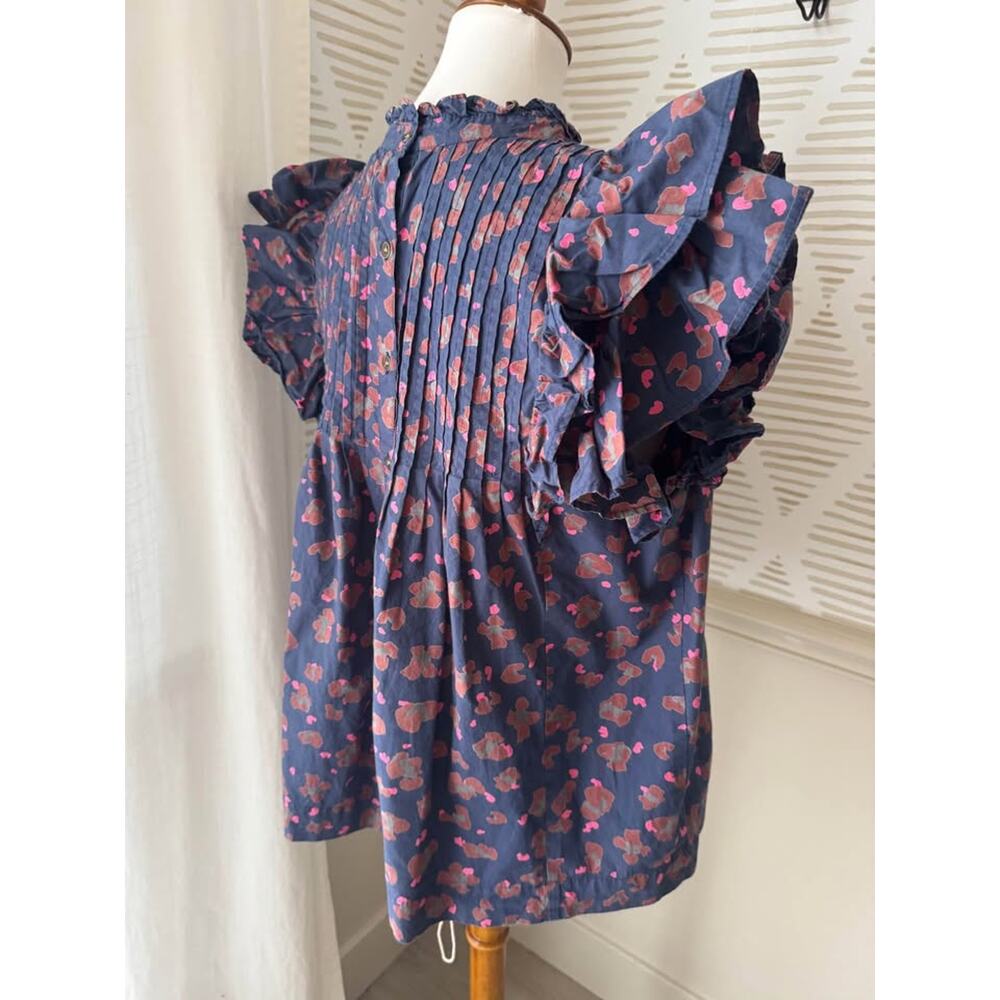 Oliphant Women’s Large Navy Pink Pintuck Ruffle Sleeve Top Blouse - Picture 7 of 9